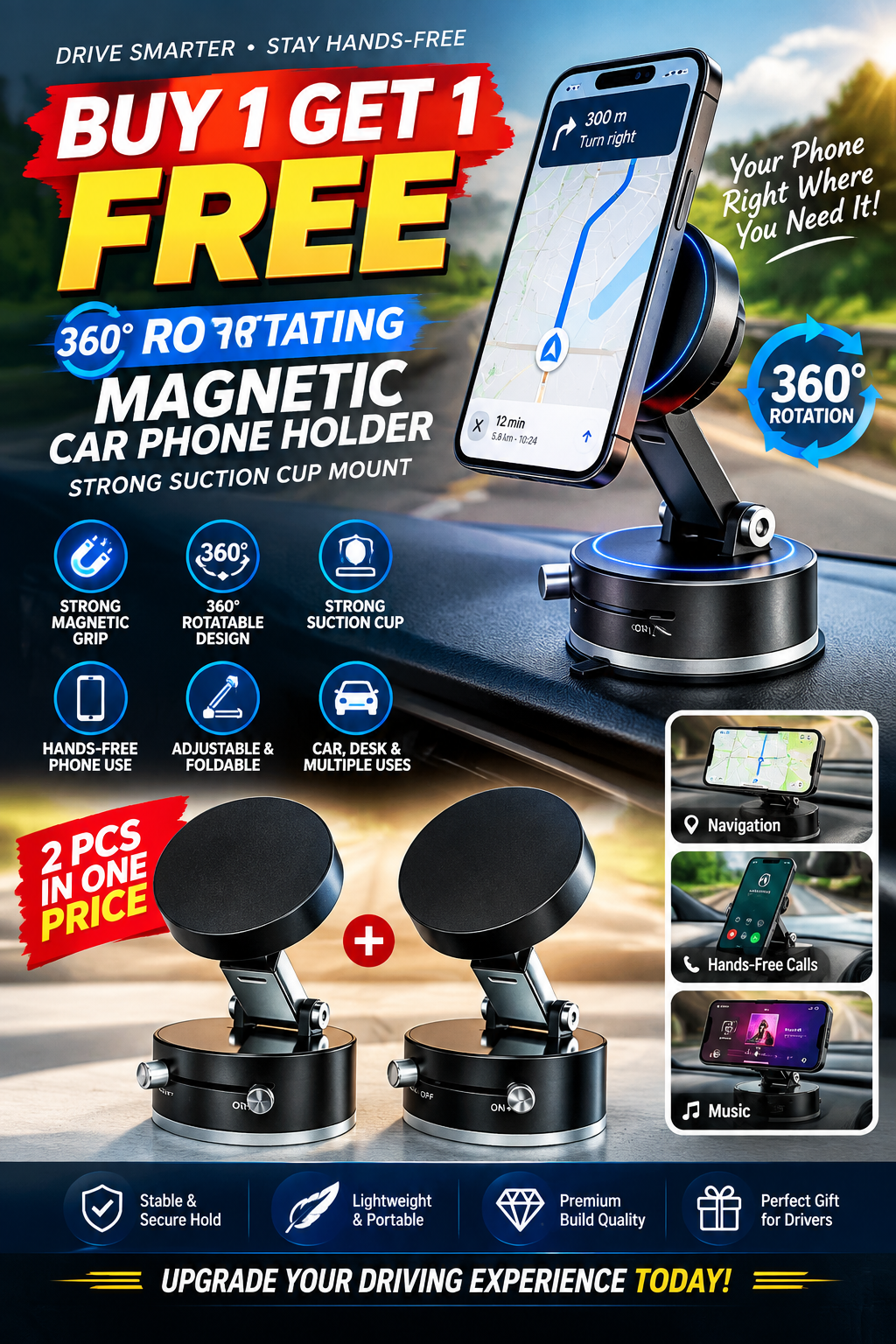 🔥 Buy 1 Get 1 Free – 360° Rotating Magnetic Car Phone Holder | Strong Suction Cup Mount